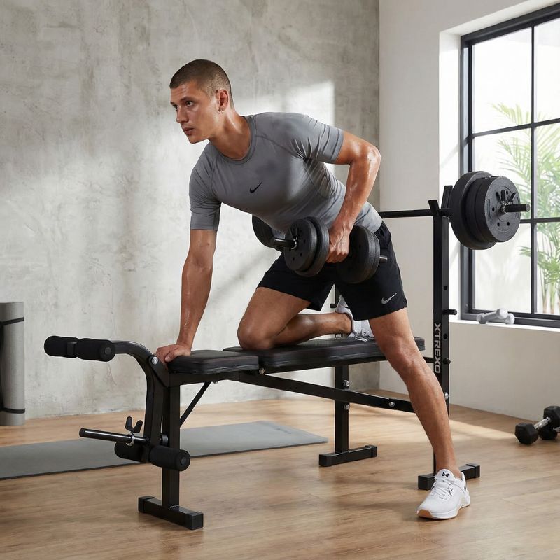 Ławka treningowa XTREXO BenchFit Lite ze stojakiem i sztangą czarny 4