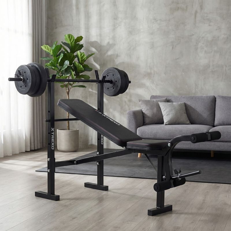 Ławka treningowa XTREXO BenchFit Lite ze stojakiem i sztangą czarny 6